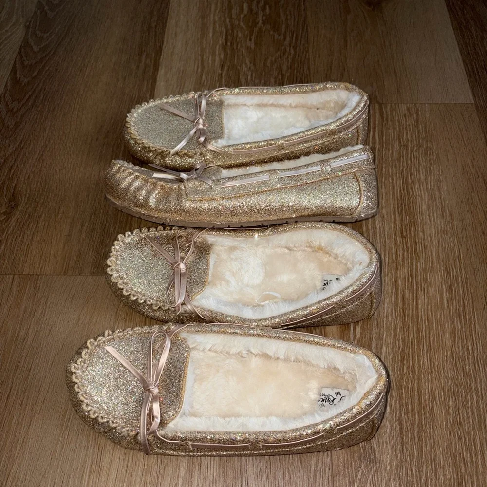 2 Pairs SELF ESTEEM Toddler Girls Glitter Moccasin Shoes Gold Flats Sizes 3 & 4